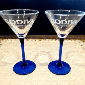 2 GODIVA Liqueur Clear Etched Martini Glasses w/Cobalt Blue Stem Luminarc France